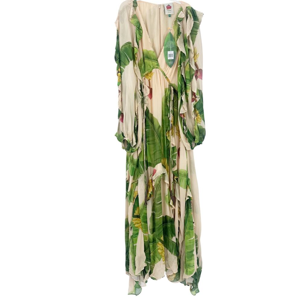FARM Rio Women's Ruffled Banana-Print Maxi Dress Green/Beige Size XL NWT - Picture 14 of 14